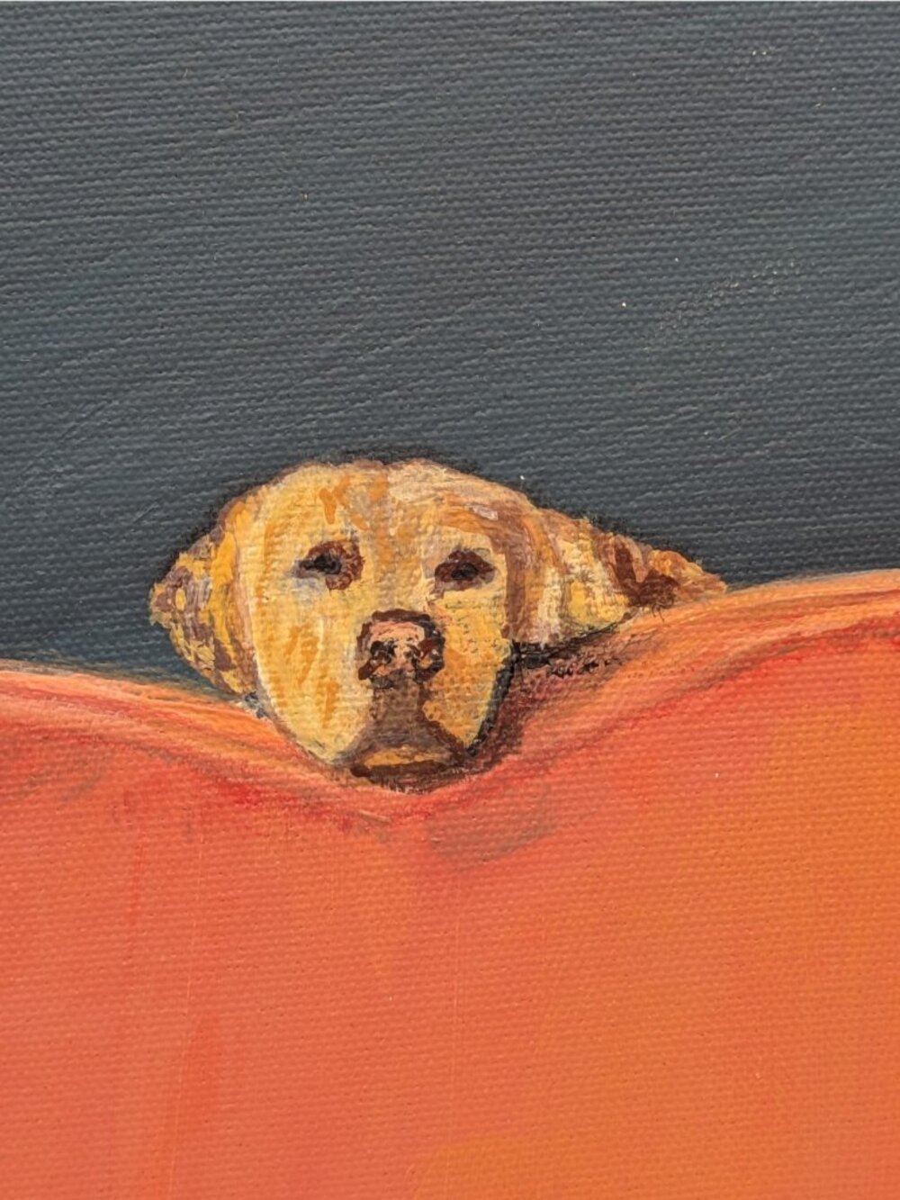 Original Acrylic Painting Framed I'm Over Here Yellow Lab Dog on Couch 10.5x10.5